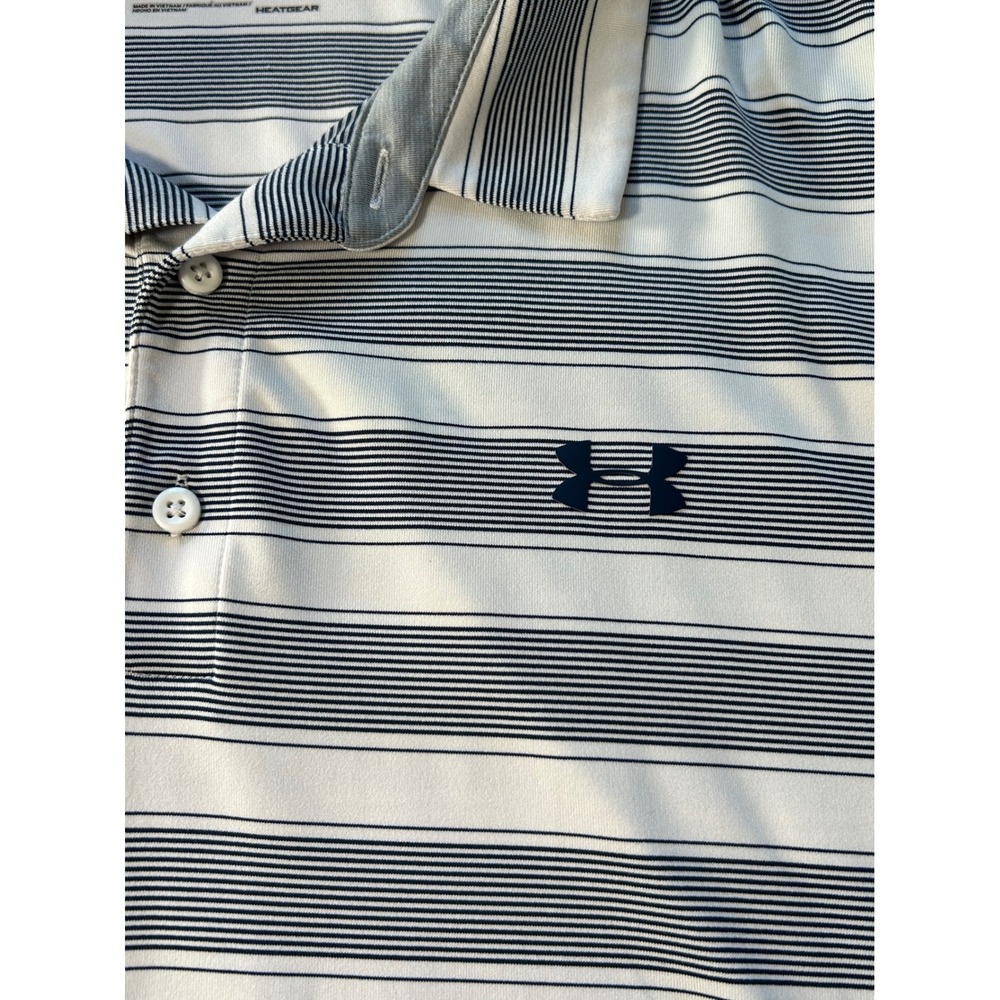 Under Armour Mens 2XL HeatGear Striped Polo Shirt White Navy Blue Loose Fit - Picture 2 of 8